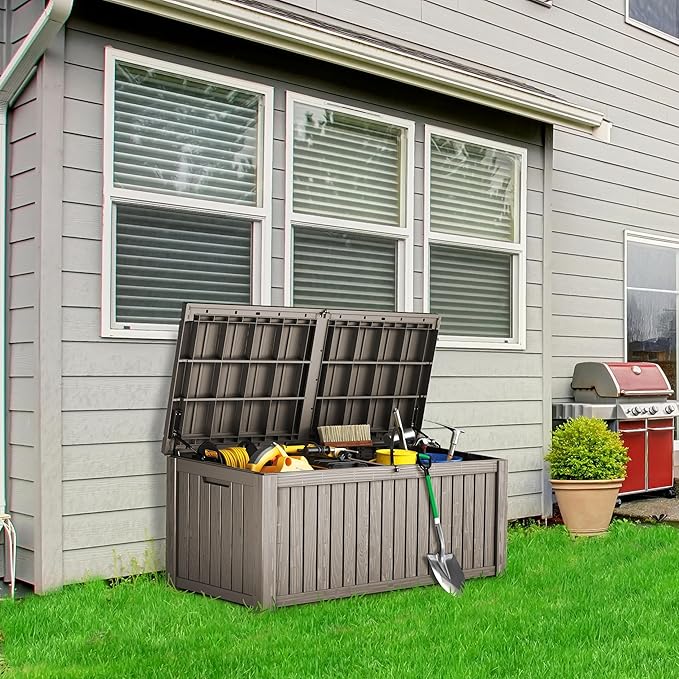 Outdoor Storage Box 185GAL Waterproof Resin Deck Box,Pool Accessories Supplies，UV-Resistant Lockable Package Delivery Bin for Garden Tools,Large Patio Outside Cushions,Chest,Furniture,Grey