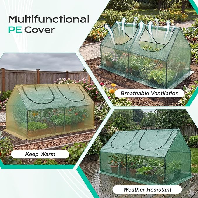 BPS 6x3x3 ft Mini Greenhouse with Green PE Cover Cover UV-Protected Roll-Up Zipper Windows, Ideal for Indoor or Outdoor Use on Raised Garden Beds