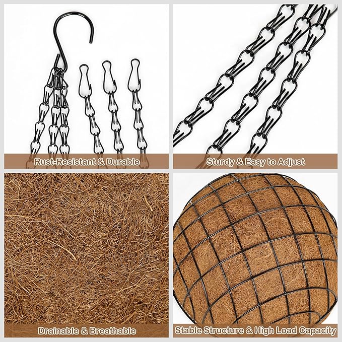 14 Inch Metal Hanging Basket with Coco Coir Liner for Flowers Planting, 4 Pack Hanging Baskets for Plants Outdoor, Mesh Grid Round Wire Planters with Chain for Home Patio Porch Balcony Garden Decor