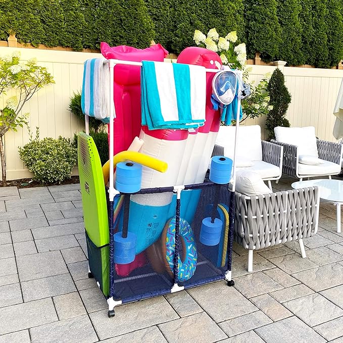 Pool Equipment Holder with Towel Drying Bars, Mesh Rolling Multi Use Storage Organizer Bin, Large Towel Hanger (25" L x 34.5" W x 62.6" H), Blue