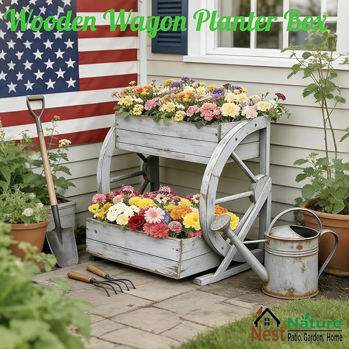 2 Tier Medium Wooden Wagon Planter Box|Outdoor Planter/Flower Pot for Indoor&Outdoor Plants-Rustic Garden Planter for Patio,Porch&Garden Decor-Raised Garden Bed for Succulents,Herbs,Vegetables