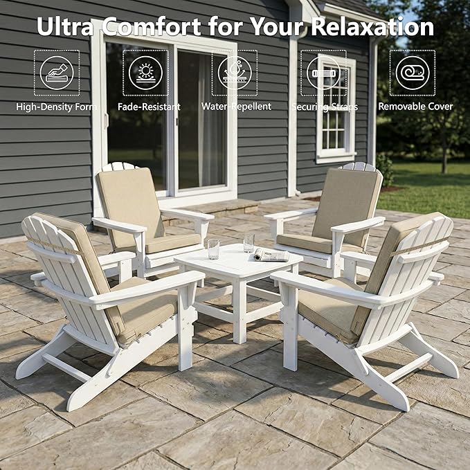 Adirondack Chair Cushions Set of 4 - Removable Covers, Water-Repellent & Fade-Resistant Faux Linen, Securing Straps, Non-Slip Bottom, Fit for Most Outdoor Adirondack & Rocking Chairs - Nature