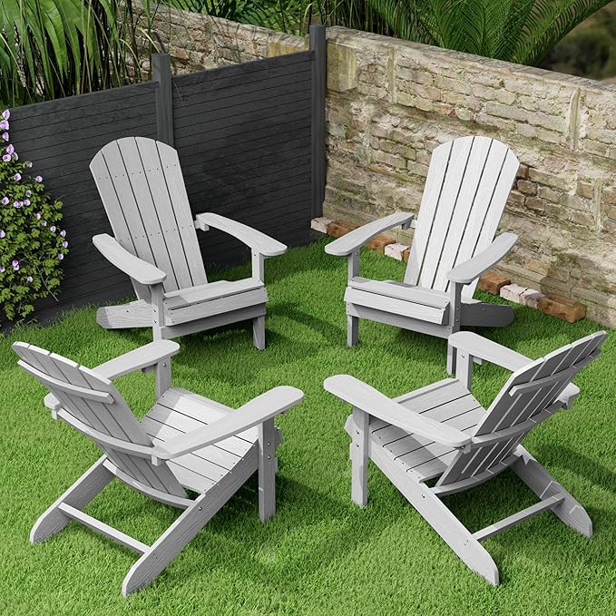 YEFU Adirondack Chairs Set of 4 Plastic Weather Resistant-Grey, Modern Poly Lumber Outdoor Chairs Like Real Wood, Widely Used in Outdoor, Patio, Deck, Outside, Fire Pit Garden, Campfire Chairs