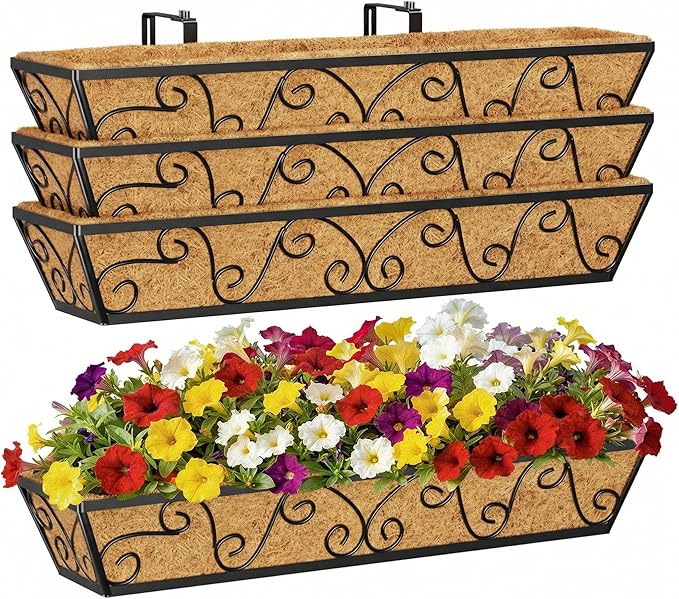 4PCS 30 Inch Railing Planter with Adjustable Brackets, Window Box with Coco Liner, Hanging Flower Box for Balcony Deck Fence, Metal, Black