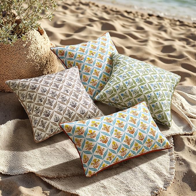 ANRODUO Floral Outdoor Pillow Covers 12x20 Waterproof Set of 2 Lumbar Block Print Decorative Cushion Cases with Refined Edge Piping for Spring Patio Porch Garden Couch Sofa Bench Decor Orange