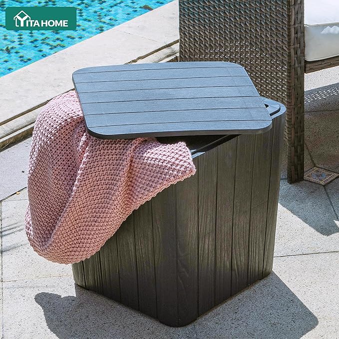 YITAHOME Resin Outdoor Deck Box, 11.5 Gallon Outdoor Storage Box with Removable Lid, Waterproof Outdoor Side Table for Cushions, Pool Supplies(Black, Wood Panel)