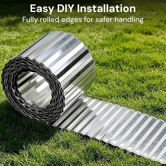 Corrugated Metal Garden Edging 10" x 50 ft, Landscape Edging Border | Fully Hemmed Edges, Galvanized Steel, Flexible Lawn Edging for Tree Rings, Flower Beds, Gravel Paths and Garden Borders