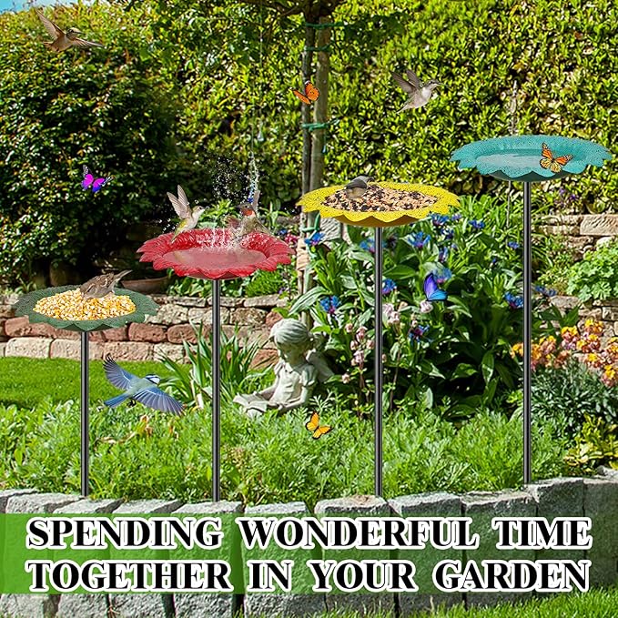 4 PCS Metal Bird Baths for Outdoors, Small Garden Bird Bath with Metal Stake, Hummingbird Feeder for Yard Lawn Decoration (4P-Red Yellow Blue Green)