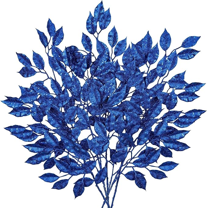25.6" Christmas Blue Glitter Leaves Stems, 5Pcs Artificial Leaf Spray Leaf Picks Tall for Christmas Tree DIY Xmas Wreath Garland Arrangment Vase Bouquets Table Centerpieces Decoration Home Decor