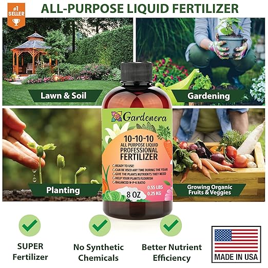 Gardenera Premium 10-10-10 All Purpose Liquid Plant Food - Professional Grade Garden Fertilizer Concentrate for Lawns, Trees, Plants, Vegetables, Fruits & Flowers - Makes 48 Gallons - (8 OZ)
