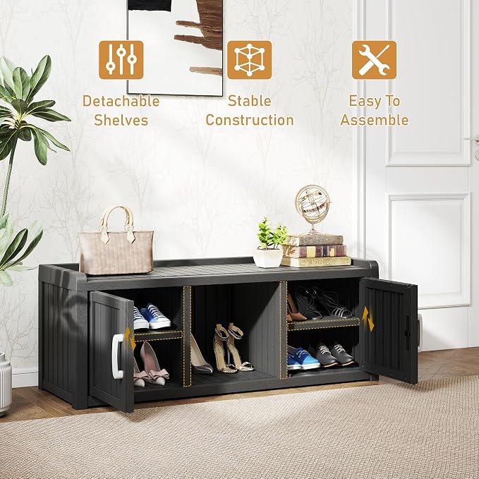 2-Tier Storage Bench, Waterproof UV-Resistant Outdoor Shoe Storage Cabinet with 2 Doors & Adjustable Shelves for Indoor Outdoor Entryway, Hallway, Living Room(Black)
