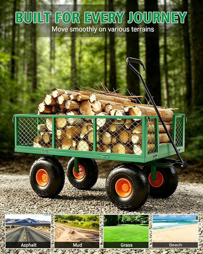 GarveeLife Heavy Duty Steel Garden Cart 500 LBS Capacity 3 in 1 Pullable Garden Wagon with 10 in Wheels for Gardening Soil, Tools, and Plant Transport