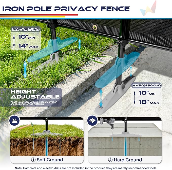 Windscreen4less Outdoor Privacy Fence Screen, 5'x108' Freestanding Privacy Fencing Set with Iron Poles and Ground Spikes, UV Resistant Mesh Cover Garden Pet Fencing for Backyard Patio Pool, Black