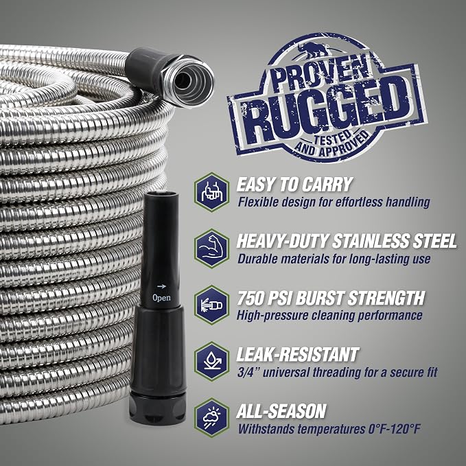 RUGGED RHINO Metal Garden Hose with Spray Nozzle, 75FT, 304 Stainless Steel, 750 PSI Burst Strength, Heavy Duty Flexible Water Hose, Kink Resistant, Leakproof for Yard, Lawn and Outdoor Use, Silver