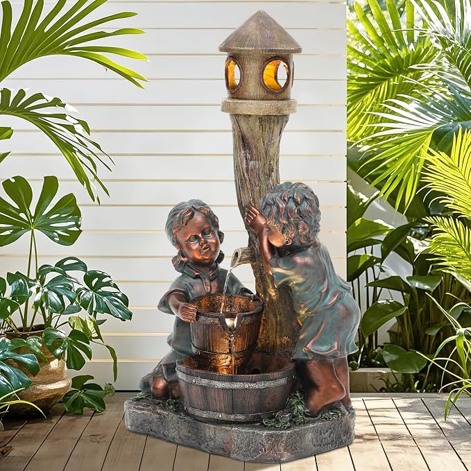 AUTODAYA 31" Boy & Girl Outdoor Water Fountain with LED Lights, Pagoda and Wood Barrel Garden Fountain, 3-Tier Cascading Waterfall for Tranquil Backyard, Patio or Porch, Faux Bronze Finish