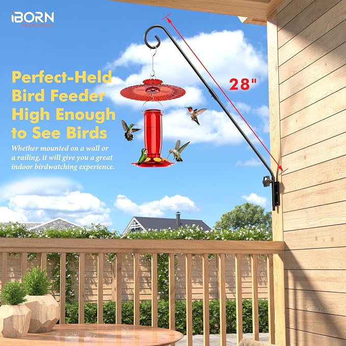 iBorn 16OZ Hummingbird Feeders for Outdoors with Built-in Ant Moat&28" Wall Mount Deck Hook,180° Rotatable Arm, Solid Wire, Pack of 1