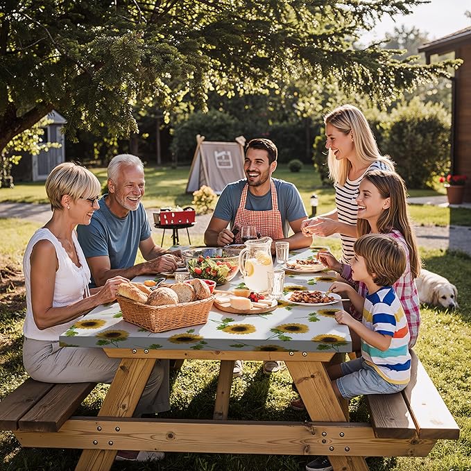 Fitted Waterproof Picnic Table Cover with Bench Covers Heavy Duty Elastic Outdoor Camping Tablecloth for 6 Foot Rectangle Tables Summer Rv Accessories Patio Garden Road Trip Essentials Gifts
