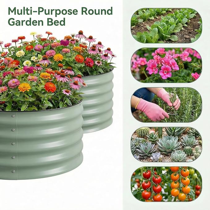 SPONVATT 2Pcs Round Galvanized Raised Garden Bed Kit 24 x 12 Inch Metal Planter Box Outdoor with Safety Rubber Edge Trim Rust Proof Weather Resistant Circular Steel Garden Beds Sage Green 12 Inch Deep