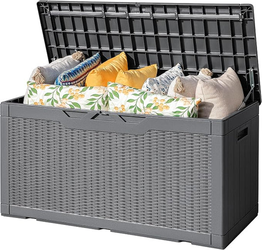 Flamaker Outdoor Storage Box 100 Gallon Waterproof Resin Deck Box Delivery Box with Air Rod Indoor Outdoor Lockable Storage Bench for Patio Cushions, Tools, Pool Accessories (Gray)