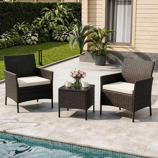 3-Piece Outdoor Furniture Set, PE Rattan Wicker Chairs with Soft Cushions & Tempered Glass Coffee Table - All-Weather Patio Set for Garden, Backyard, Porch, Poolside (Brown/Beige)