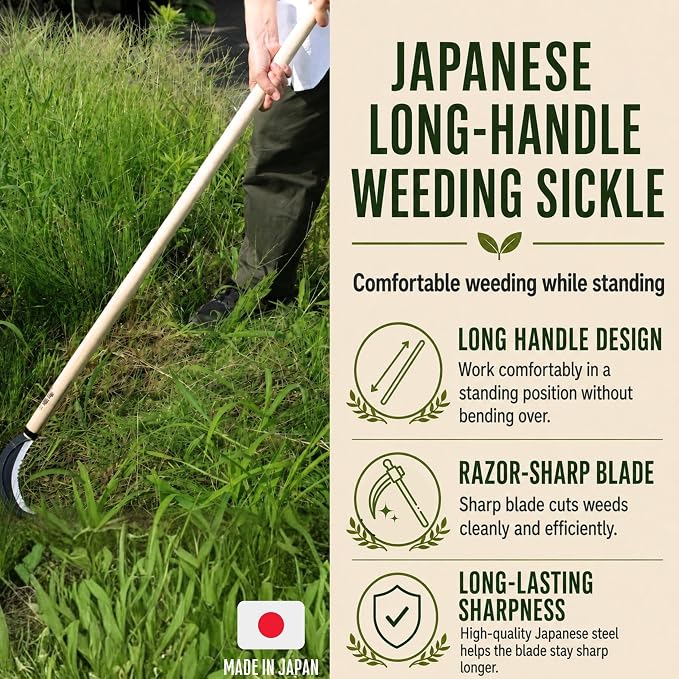KAKURI Japanese Weeding Sickle Long Handle 45" [Triple Edged Blade] Grass Sickle Stand Up Weeding Tool, Razor Sharp Japanese Carbon Steel Blade, Made in Japan