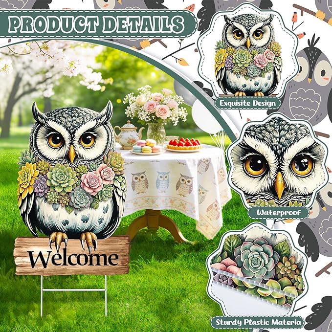 Spring Yard Decorations Welcome Owl Yard Sign with Stakes, Farmhouse Front Porch Garden Outdoor Decor Rustic Animal Yard Sign for Seasonal Home Patio Decor