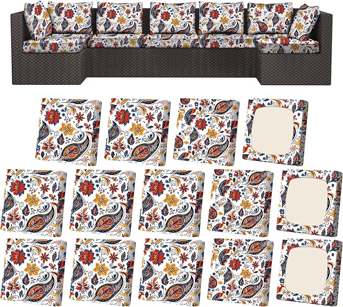 14Pcs Patio Stretch Cushion Covers, Outdoor Couch & Sofa Replacement Slipcovers for Patio Furniture Cushion Covers, Washable Reusable Furniture Protector, Square Large, Art Paisley