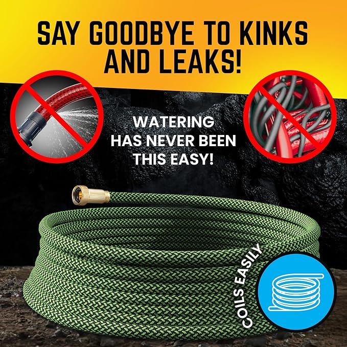 PowerFlow Garden Hose, NON-EXPANDABLE 50 Feet Premium Quality Stainless Steel Metal Water Hose with Durable Fabric Skin, Hose For Commercial, Residential Use, Bonus 10-way Spray Nozzle (50 Ft, Green)