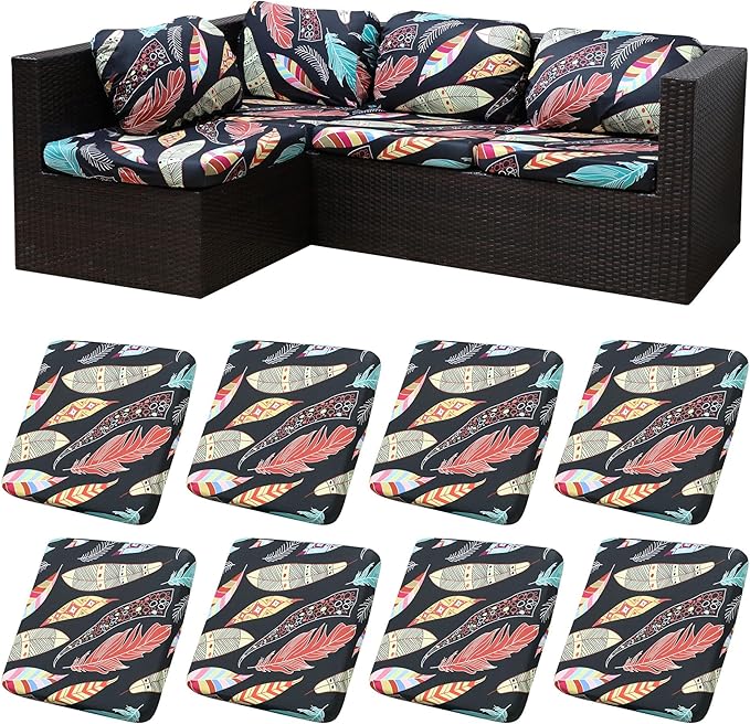 8Pcs Patio Cushion Covers,Outdoor Cushions Covers,Stretch Cushion Covers Replacement, Washable and Reusable Furniture Protectors(Dream Feather)