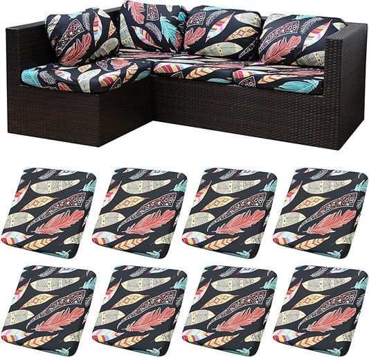 8Pcs Patio Cushion Covers,Outdoor Cushions Covers,Stretch Cushion Covers Replacement, Washable and Reusable Furniture Protectors(Dream Feather)