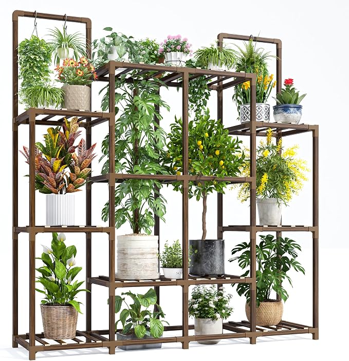 EnHomee Plant Stand Indoor Tall Plant Stand Outdoor Large Wood Plants Shelf with 12-14 Pots for Patio, Living Room, Garden, Balcony, 44.8" Wx47.2 Hx11.78 D