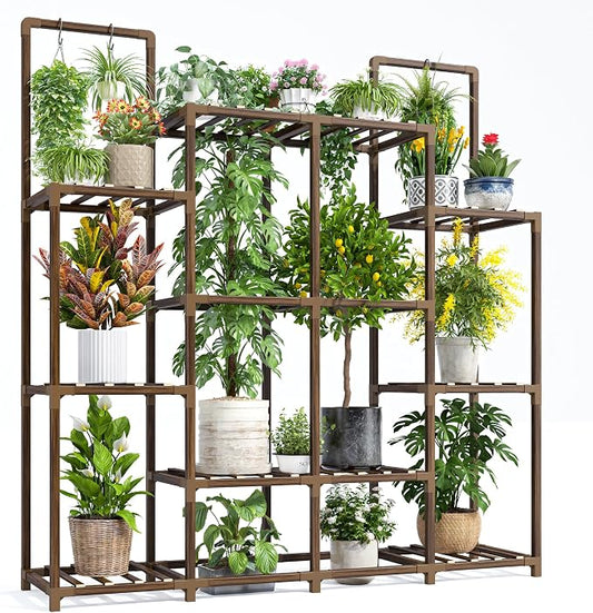 EnHomee Plant Stand Indoor Tall Plant Stand Outdoor Large Wood Plants Shelf with 12-14 Pots for Patio, Living Room, Garden, Balcony, 44.8" Wx47.2 Hx11.78 D