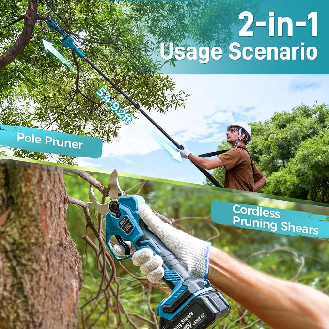 2-in-1 Electric Pruning Shears Cordless, 1.6" Cutting Diameter, Pole Pruner with 12.8Ft Reach Extension Pole, 2×4.0Ah Battery Powered Electric Pruner for Tree Flower Trimming