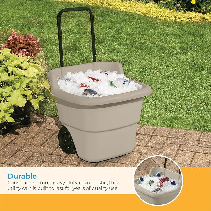 Suncast 2-Pack Multipurpose Rolling Lawn and Garden Utility Cart, 15 Gallon, Taupe - Outdoor Storage Carts with Wheels - Gardening Accessories, Tools, and Equipment