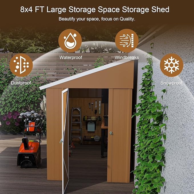 YOPTO 8x4 FT Outdoor Storage Shed,Metal Garden Lean to Shed W/Double Lockable Doors,Windows & 4 Air Vents,Weatherproof Shelter W/Sloped Roof,for Backyard,Lawn,Tool Organization,Brown
