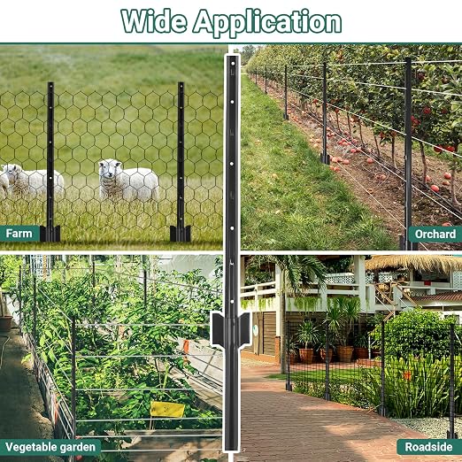 Metal Fence Posts 3 FT Black, 16 Pack Heavy Duty U Posts, No Dig T Posts for Fences Wire Mesh, Perfect for Temporary Fencing, Electric Fence Wire, Corner Anchor