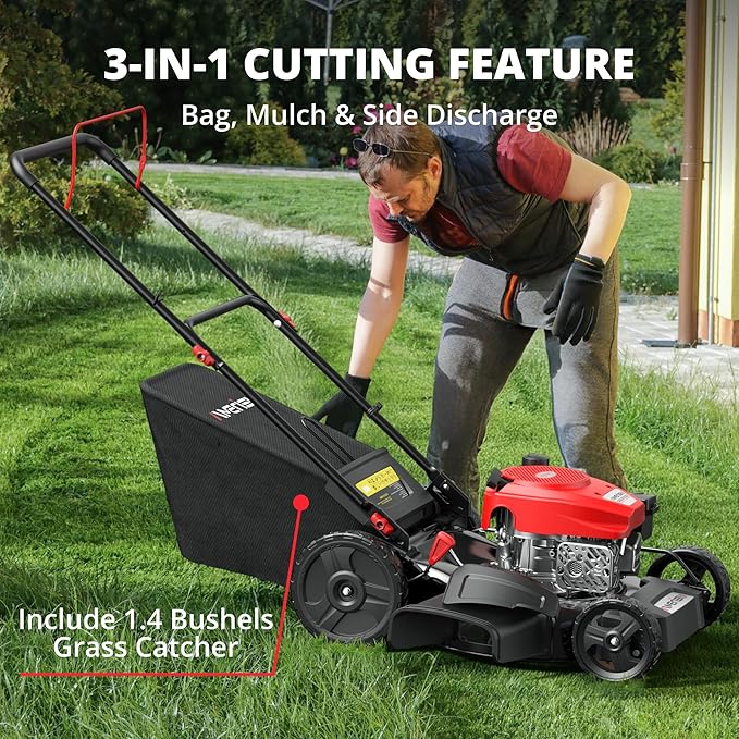 AMERISUN 21-Inch 3-in-1 Gas Push Lawn Mower with 144cc 4-Stroke OHV Engine, 6-Position Adjustable Cutting Height, Large 1.4 Bushel Grass Catcher, Side Discharge & Mulching, Lightweight Easy Storage
