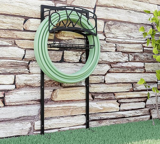 Freestanding Garden Hose Organizer with Black Powder-Coated Finish - Heavy-Duty Detachable Hose Stand Holds 150FT Hose, Includes Storage Basket & Assembly Tools for Outdoor Use