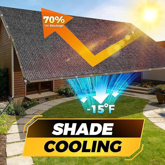 JOJOLEE 70% Sun Shade Cloth, 8x10FT Shade Net Mesh Tarp with Grommets, Black Sunblock Cover for Outdoor Patio Plants, Pergola, Greenhouse, Chicken Coop, Backyard, Balcony
