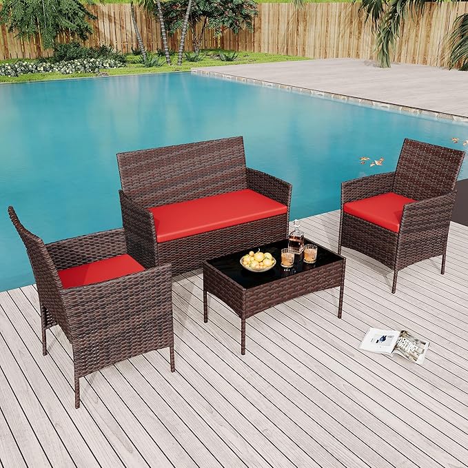 Patio Furniture Set 4 Pieces, Outdoor Patio Furniture Set with Rattan Wicker Chairs, Glass Table and Cushions for Porch, Balcony, Backyard, Garden, Poolside, Brown & Red