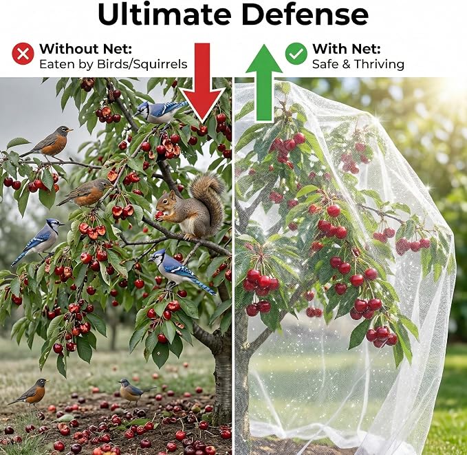 10ftx10ft Large Fruit Tree Netting Cover with Zipper & Drawstring, Garden Mesh Netting for Protecting Plants from Birds,Squirrels &Bug,Ultra Fine Weather Resistant Tree Netting