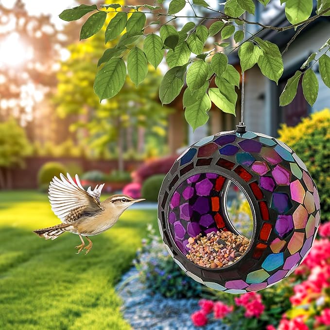Sunnydaze 6-Inch Glass Mosaic Hanging Bird Feeder for Outdoors - Fly-Through Glass Bird Feeder for Cardinals, Jays, Finches and More - Iridescent Purple Mosaic