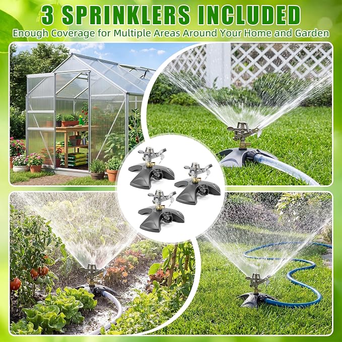 Reallnaive 3 Pcs Adjustable Oscillating Sprinkler 4 Way ABS Lawn Sprinkler Covers 4000 Sq. ft 16 Nozzle with Quick Connect for Garden Large Area Watering (ABS Base)
