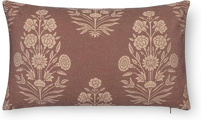Crumbs Home Modern Farmhouse California Casual Indoor Outdoor Lumbar Pillow Cover, 12"x20" Water Repellent for Patio, Backyard, Couch, Poolside, Cocoa Brown Tan Print Floral