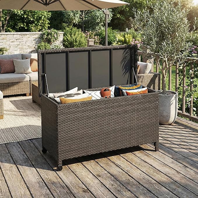 185-Gallon Outdoor Deck Box with Wheels, Waterproof PE Rattan & Aluminum Frame Storage Bin, Lockable Patio Furniture Chest for Cushions, Garden Tools, Pool Toys, Brown