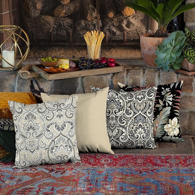 Arden Outdoor Toss Pillow, 16 x 16, Rain-Proof, Fade Resistant Neutral Aurora Damask