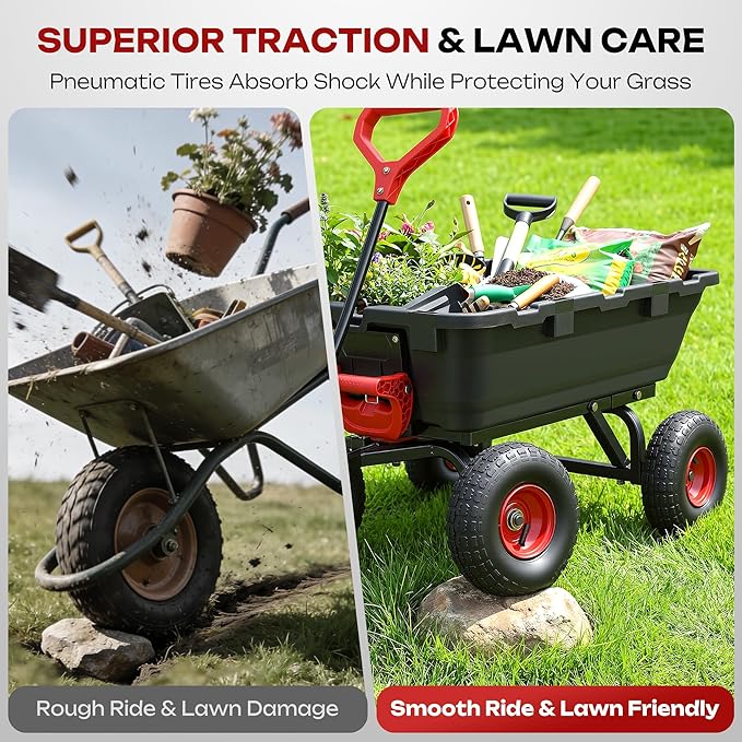 Garden Dump Cart 900Lbs, 2026 Upgraded Heavy Duty Wheelbarrow Dump Wagon with 10" Non-Slip Pneumatic Tires & Quick-Release Dumping, 4-Wheel Steel Frame Utility Carts for Yard,Farm and Garden
