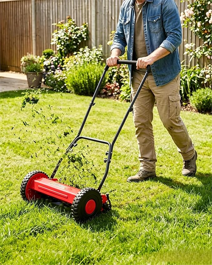 Eco-Friendly Quiet Hand Push Lawn Mower – 16-Inch 5-Blade Manual Reel – Adjustable Cutting Height, Lightweight, Easy Assembly – Ideal for Small to Medium Yards – Red