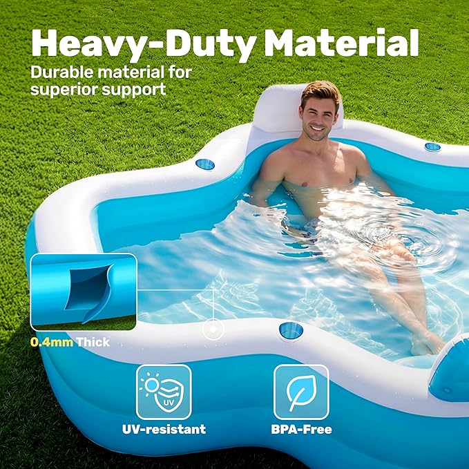 SLOOSH Inflatable Pool for Family with Seats, 120" x 101" x 26" Full-Sized Blow Up Durable Thickened Above Ground Pool with Backrest Cup Holders,Swimming Pools for Backyard Summer Water Lawn, Blue