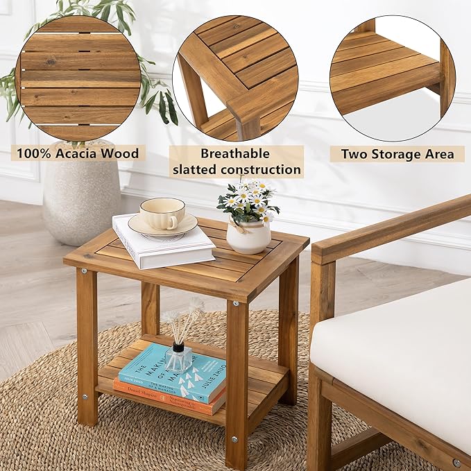 VICTORY RELAX Solid Acacia Wood Side Table with 2-Tier Storage, Weather-Resistant Outdoor Indoor End Table, Natural Rustic Color Night Stand